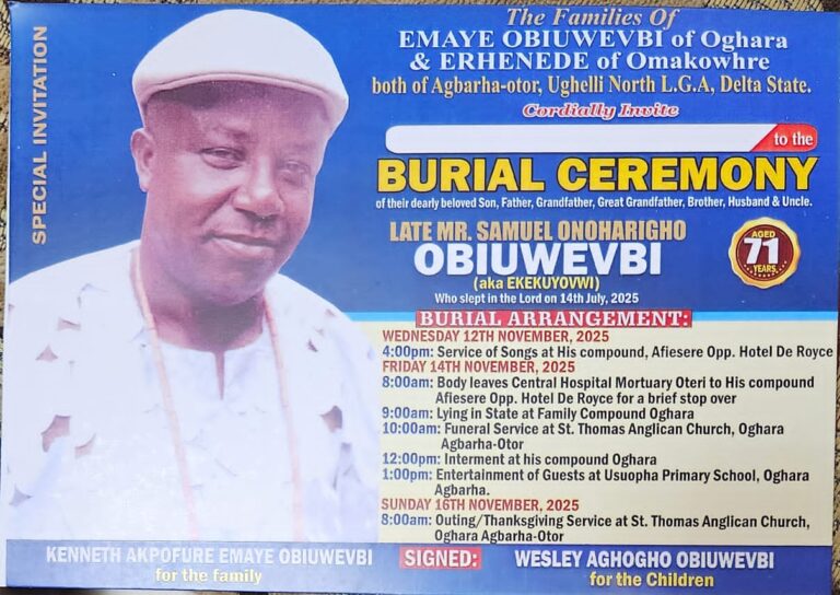 Late Samuel Obiuwevbi a.k.a Ekekuyovwi Goes Home Nov. 14